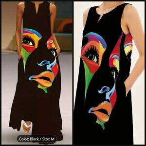 STUNNING! Abstract Face Print Maxi Dress - Sleeveless Notched Neck